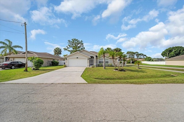 ranch-style home with a garage and a front lawn