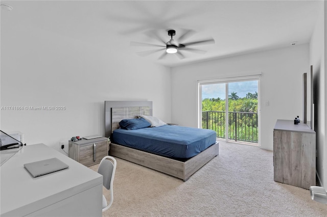 carpeted bedroom featuring access to outside and ceiling fan