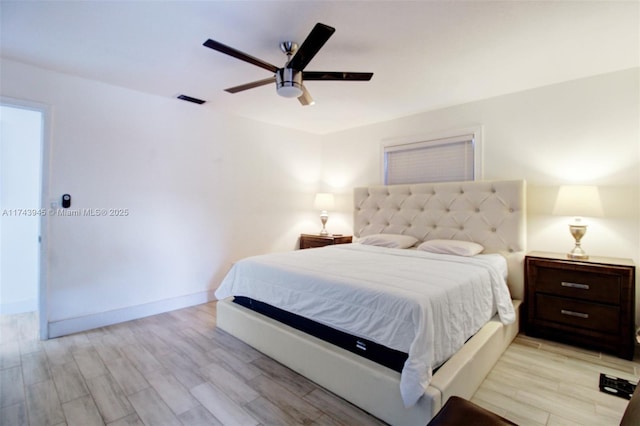 bedroom featuring ceiling fan and light hardwood / wood-style floors