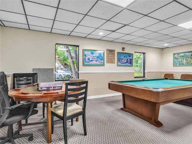 game room with pool table, carpet floors, and a drop ceiling