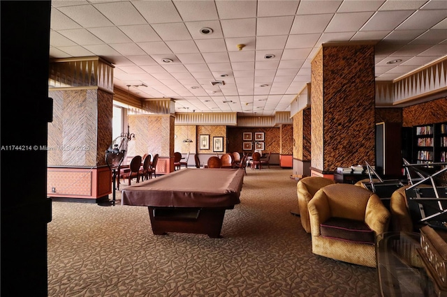 game room with pool table, carpet floors, and a paneled ceiling