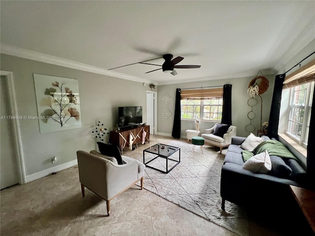 living room with crown molding, a healthy amount of sunlight, and ceiling fan