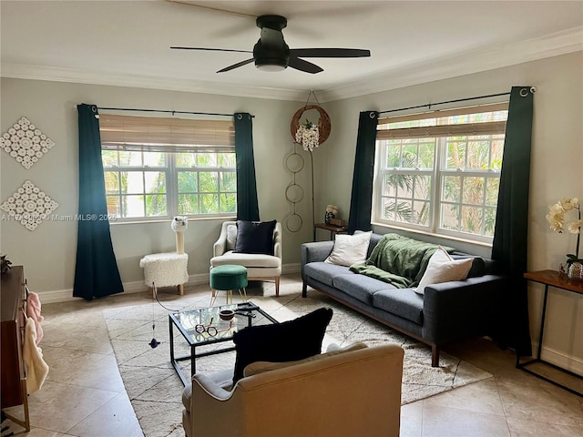 living room with light tile patterned floors, crown molding, and a wealth of natural light