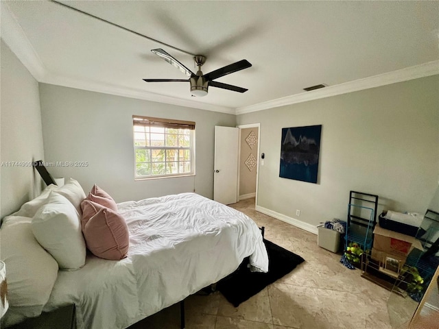 bedroom featuring crown molding and ceiling fan