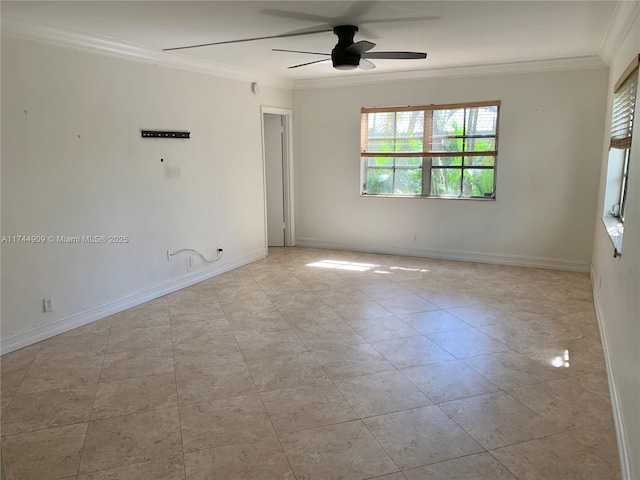 tiled empty room with crown molding and ceiling fan