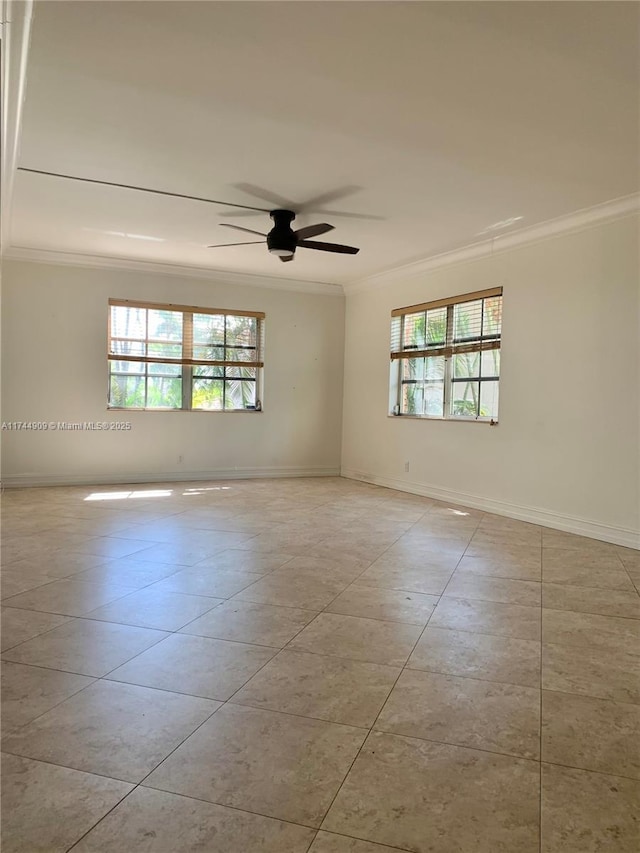 unfurnished room with light tile patterned flooring, ceiling fan, and ornamental molding