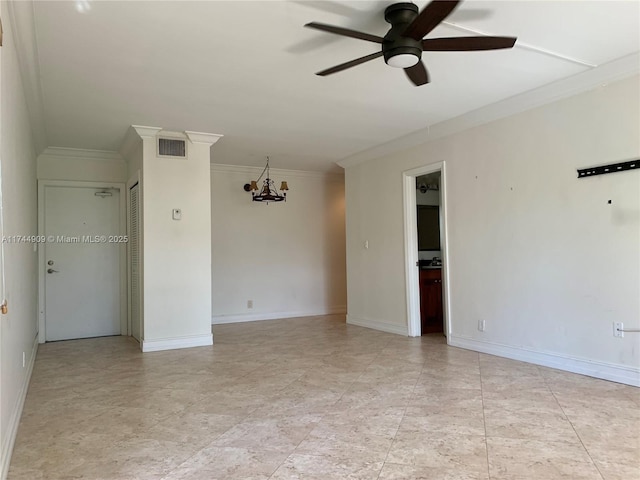 unfurnished room with ornamental molding and ceiling fan with notable chandelier