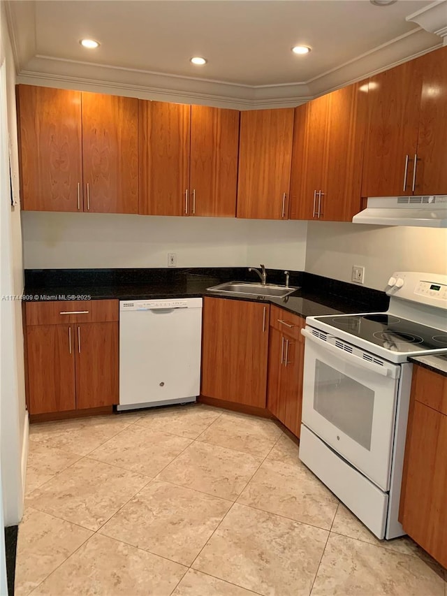 kitchen featuring crown molding, white appliances, sink, and light tile patterned floors