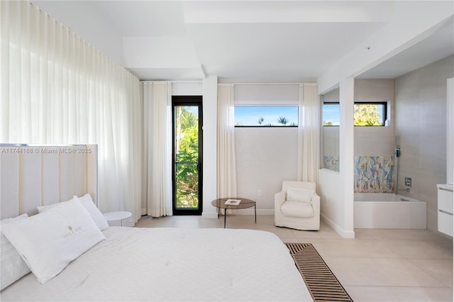 bedroom with light tile patterned flooring, multiple windows, and access to exterior