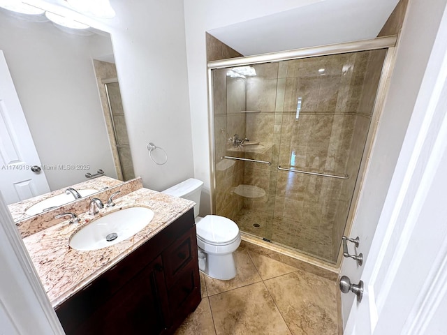 bathroom featuring tile patterned floors, toilet, an enclosed shower, and vanity