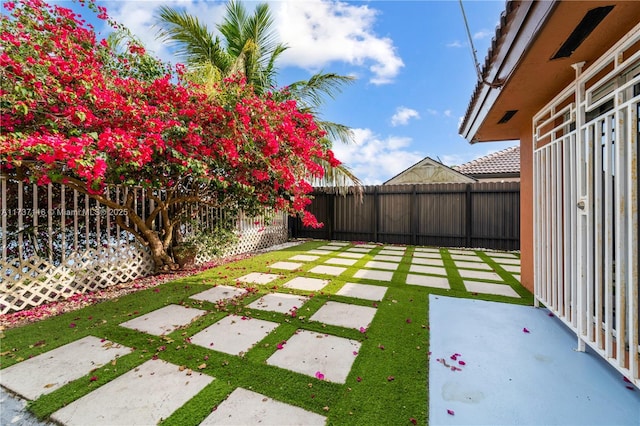 view of yard featuring a patio area and a fenced backyard