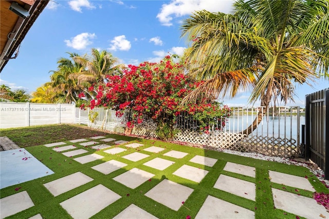 view of yard with a patio area, a water view, and a fenced backyard