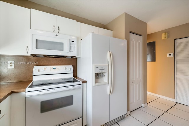 kitchen with white appliances, tasteful backsplash, light tile patterned floors, electric panel, and white cabinets