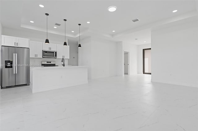 kitchen featuring white cabinetry, a tray ceiling, an island with sink, and appliances with stainless steel finishes