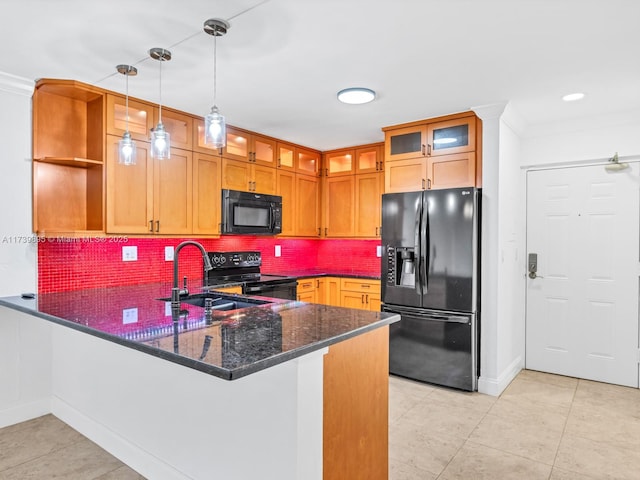 kitchen with pendant lighting, decorative backsplash, a peninsula, black appliances, and open shelves