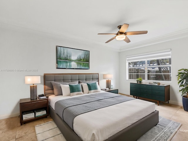 bedroom featuring light tile patterned floors, a ceiling fan, baseboards, and ornamental molding