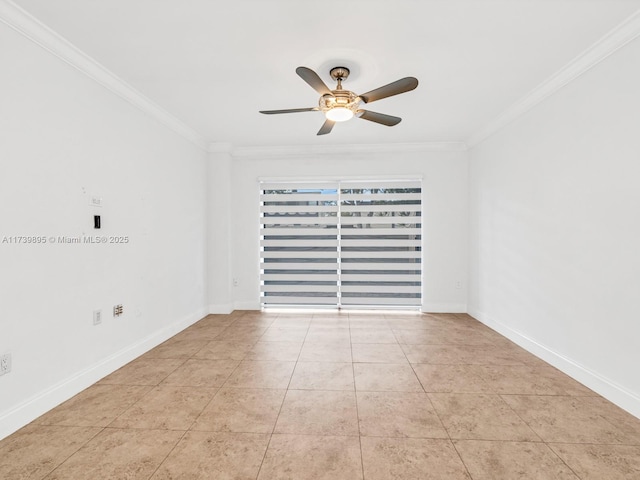 empty room featuring tile patterned floors, baseboards, a ceiling fan, and crown molding