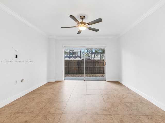 unfurnished room featuring light tile patterned floors, baseboards, ceiling fan, and crown molding