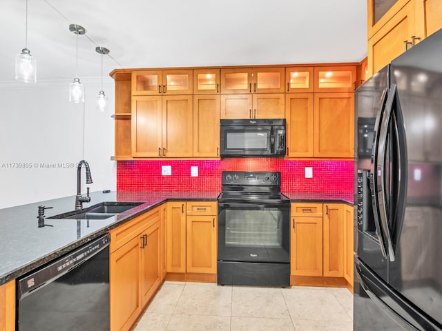 kitchen featuring tasteful backsplash, a sink, light tile patterned flooring, black appliances, and open shelves