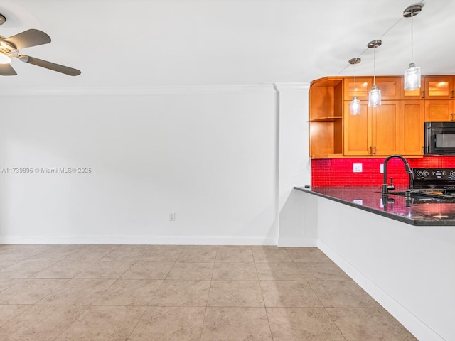 kitchen featuring black appliances, open shelves, backsplash, dark countertops, and baseboards