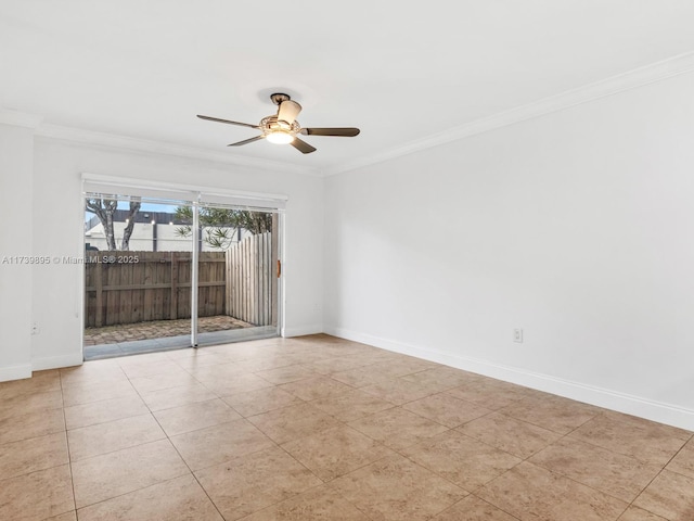 unfurnished room featuring ceiling fan, baseboards, and ornamental molding