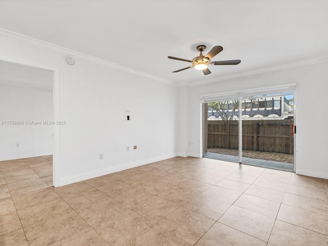 spare room with ceiling fan, baseboards, ornamental molding, and light tile patterned flooring