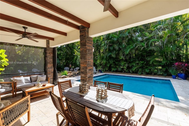 outdoor pool with an outdoor living space, a ceiling fan, and a patio