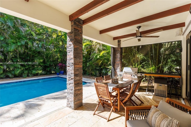 outdoor pool with ceiling fan, outdoor dining area, a patio, and area for grilling