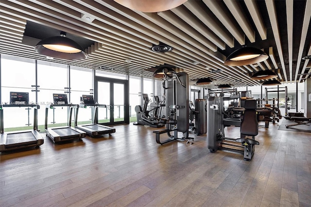 exercise room with french doors, floor to ceiling windows, and hardwood / wood-style floors