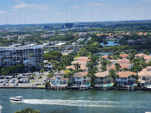 bird's eye view with a water view