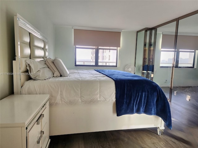 bedroom with dark hardwood / wood-style floors