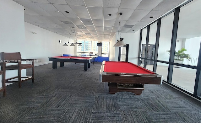 recreation room featuring floor to ceiling windows, pool table, carpet, and baseboards