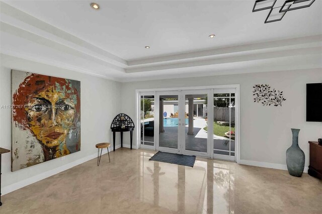 461 NE 115th St, Miami, FL 33161 - entryway featuring french doors, baseboards, recessed lighting, and a raised ceiling