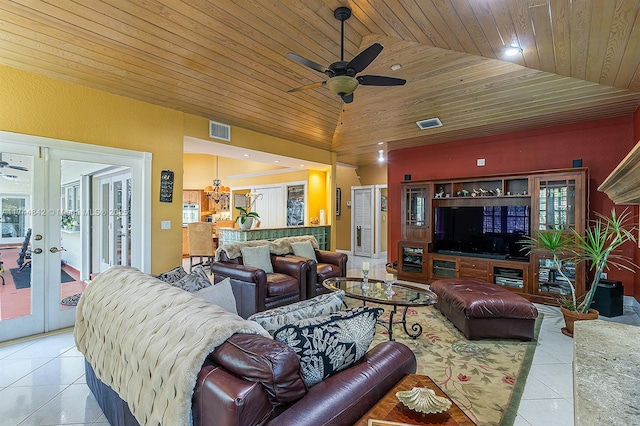 living area with light tile patterned floors, visible vents, wooden ceiling, and vaulted ceiling