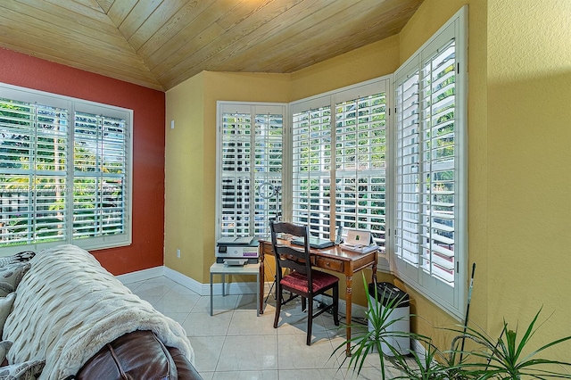 home office featuring light tile patterned floors and wood ceiling