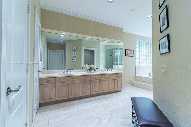 bathroom featuring double vanity, ornamental molding, a sink, a shower stall, and a bath