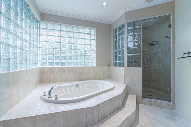 bathroom with tile patterned flooring, a shower stall, a bath, and ornamental molding