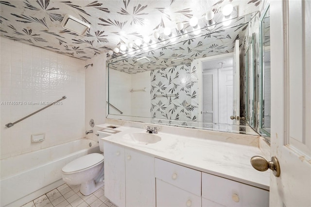 full bathroom featuring tile patterned floors, toilet, vanity, shower / tub combination, and wallpapered walls