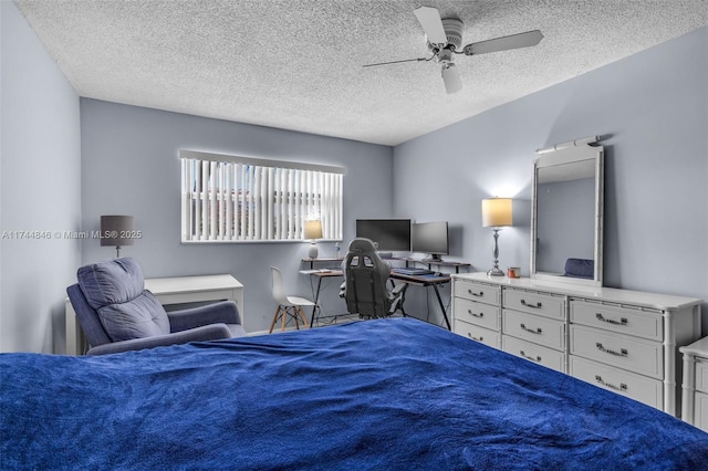 bedroom featuring a textured ceiling and ceiling fan