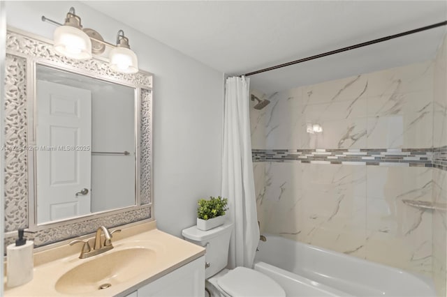 full bathroom featuring vanity, shower / bath combination with curtain, and toilet