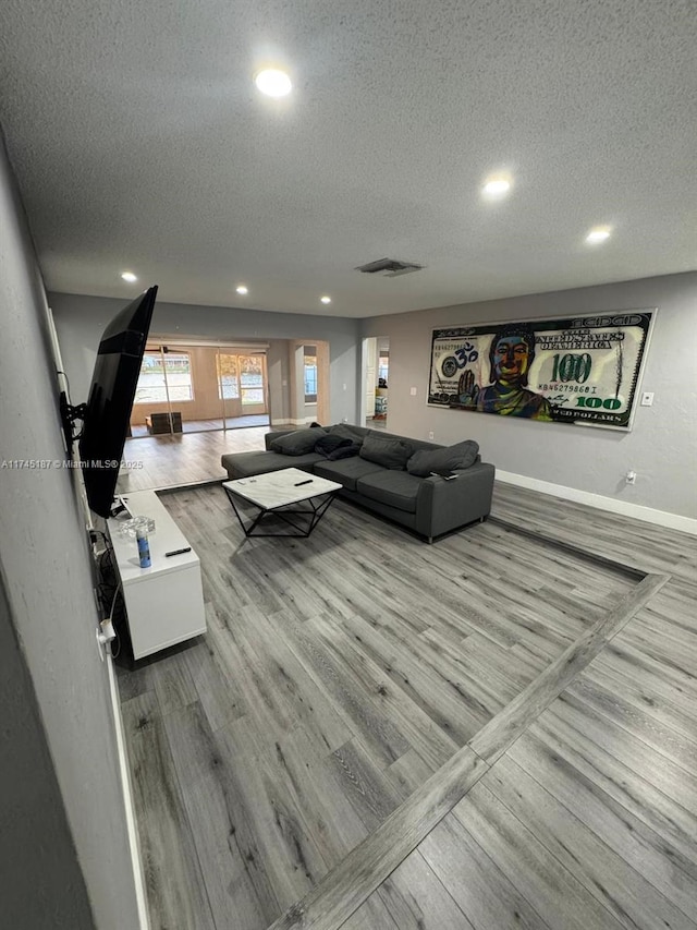 living room with light hardwood / wood-style floors and a textured ceiling