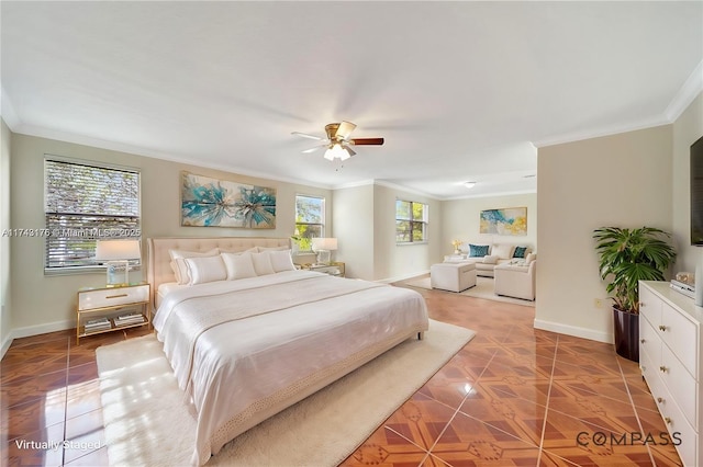 bedroom featuring crown molding, a ceiling fan, light tile patterned floors, and baseboards