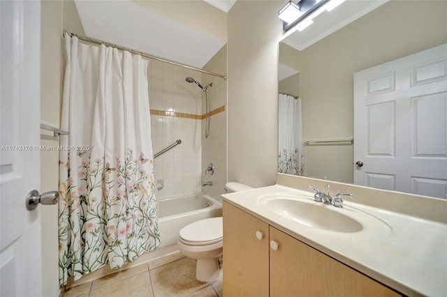 bathroom featuring shower / bathtub combination with curtain, toilet, tile patterned flooring, and vanity