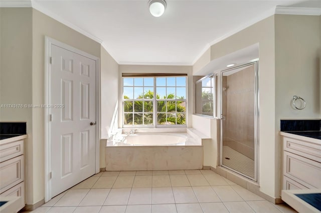 bathroom with ornamental molding, a stall shower, tile patterned flooring, and a bath