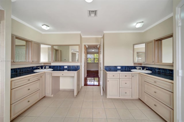 bathroom with two vanities, visible vents, crown molding, and tile patterned flooring