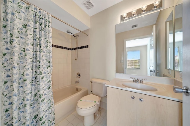 full bathroom with toilet, shower / bath combination with curtain, tile patterned flooring, and visible vents