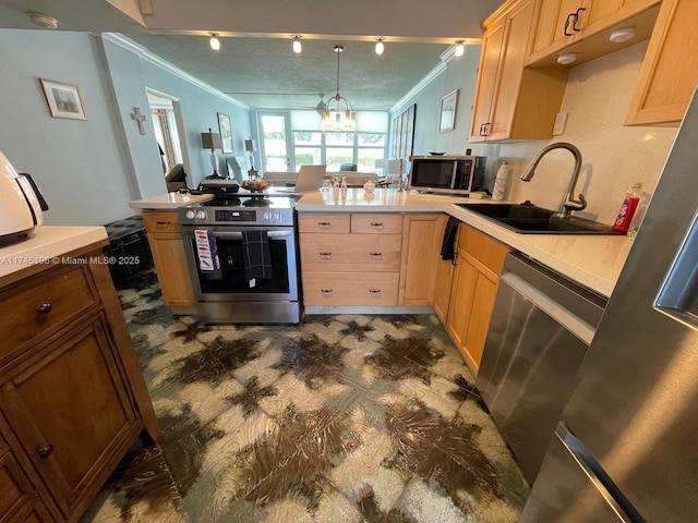 3181 S Ocean Dr Unit 107, Hallandale Beach, FL 33009 - kitchen featuring appliances with stainless steel finishes, crown molding, light countertops, dark floors, and light brown cabinets