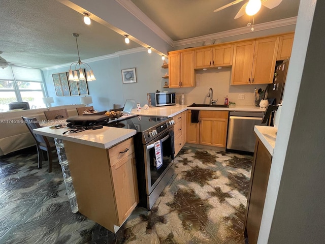 3181 S Ocean Dr Unit 107, Hallandale Beach, FL 33009 - kitchen with appliances with stainless steel finishes, crown molding, a ceiling fan, light countertops, and light brown cabinetry