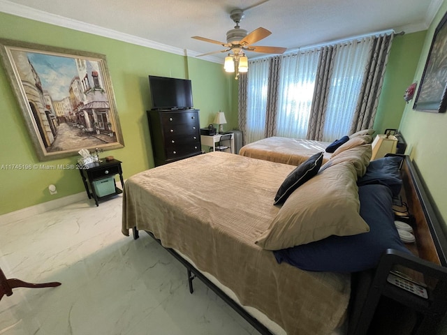 3181 S Ocean Dr Unit 107, Hallandale Beach, FL 33009 - bedroom featuring marble look tiles, ornamental molding, and ceiling fan