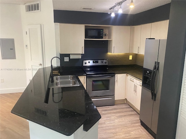 kitchen with stainless steel appliances, visible vents, light wood-style flooring, a sink, and electric panel